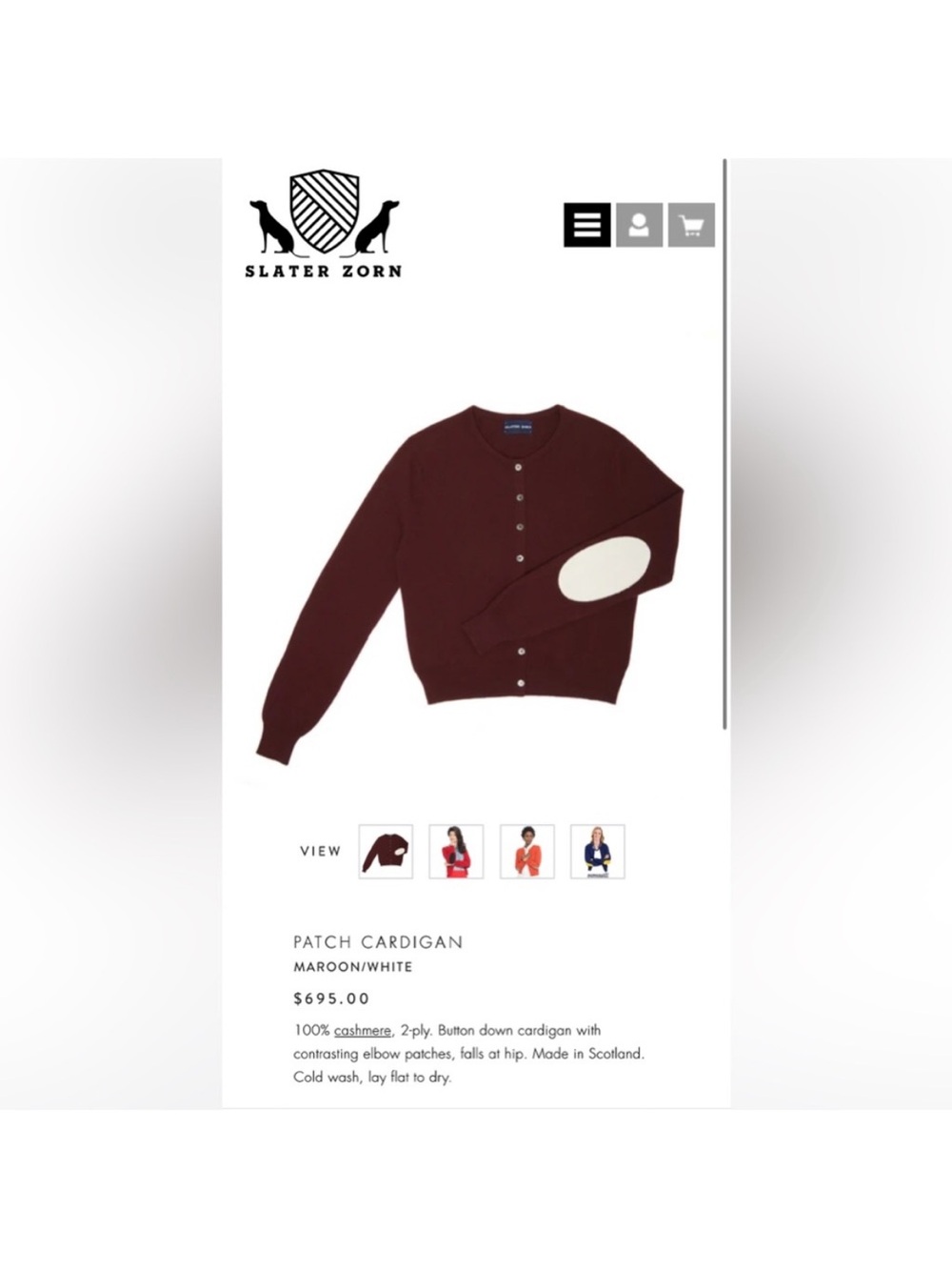 🍷 NWT SLATER ZORN Maroon Cream Patch 100% Cashmere Cardigan Scotland Size M - Picture 2 of 10